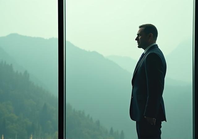 Calm individual overlooking a serene landscape from a high-rise window