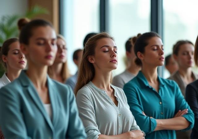 Professional team practicing mindfulness in a bright office