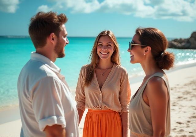 Group of professionals bonding on a peaceful beach during a retreat