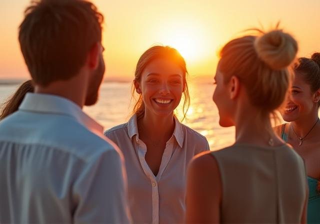Team laughing together during a tropical sunset retreat