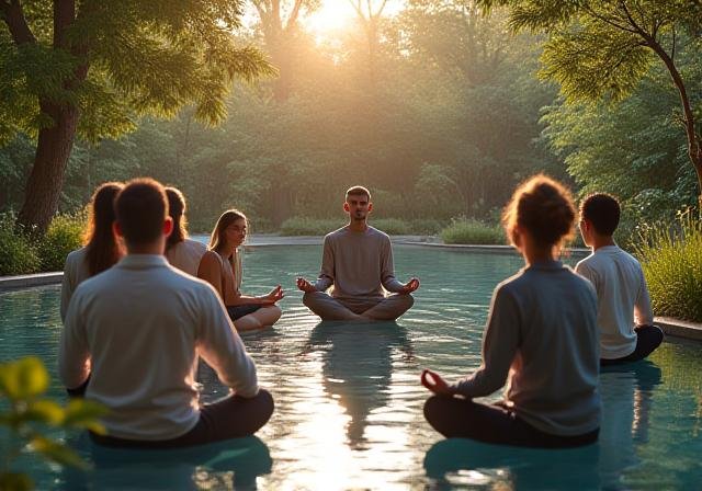 Team doing outdoor mindfulness session by a serene lake