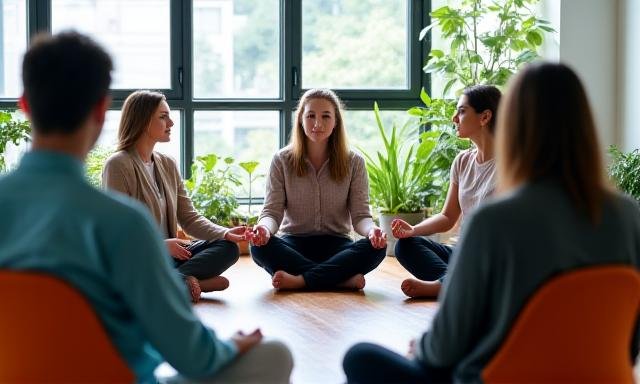 A group of professionals in a relaxed, sunlit workshop setting